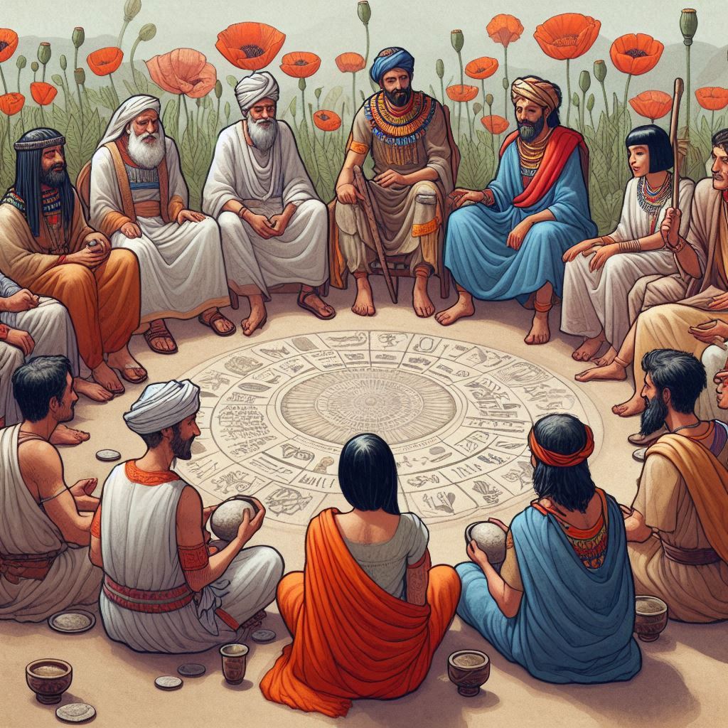 Ein mit KI erstelltes Bild mit einem Kreis von Menschen in antiker Kleidung und mit Mohnkapseln und Mohnblüten im Hintergrund.